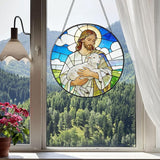 Stained Glass Window Hanging 7.9'' Jesus and Sheep Sun Catchers Stained Glass Suncatcher for Windows He is Risen Resurrection of Jesus Gift for Religious Christian Gifts Home Decor