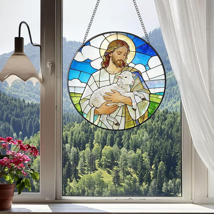 Stained Glass Window Hanging 7.9'' Jesus and Sheep Sun Catchers Stained Glass Suncatcher for Windows He is Risen Resurrection of Jesus Gift for Religious Christian Gifts Home Decor