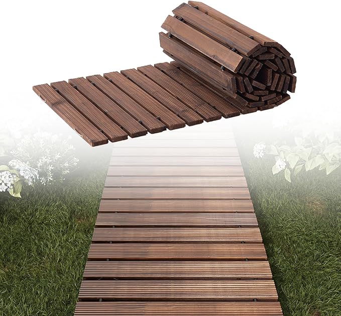 8FT Straight Wooden Garden Pathway Walkway Outdoor Roll Out Decorative Garden Non-Slip Patio Path Decorative Boardwalk Outdoor Road Floor for Backyard Beach Wedding Party