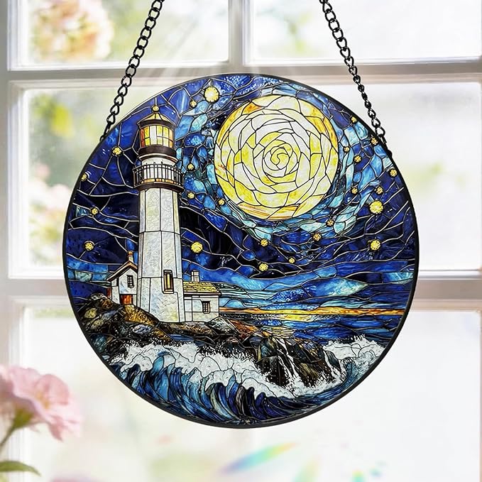 Stained Glass Window Hanging, 8 Inch Ocean Lighthouse Suncatcher, Sun Catchers Indoor Window, Suncatchers for Windows Hanging, Spring Home Garden Decor Panel Mothers Day Birthday Gift for Mom Grandma