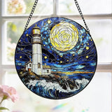 Stained Glass Window Hanging, 8 Inch Ocean Lighthouse Suncatcher, Sun Catchers Indoor Window, Suncatchers for Windows Hanging, Spring Home Garden Decor Panel Mothers Day Birthday Gift for Mom Grandma