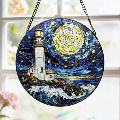 Stained Glass Window Hanging, 8 Inch Ocean Lighthouse Suncatcher, Sun Catchers Indoor Window, Suncatchers for Windows Hanging, Spring Home Garden Decor Panel Mothers Day Birthday Gift for Mom Grandma