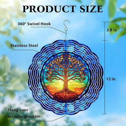 Tree of Life Wind Spinner, Unique 12Inch 3D Stainless Steel Wind Spinner, Birthday Gifts for Women Men,Hanging Decor for Outdoor Garden Patio Porch