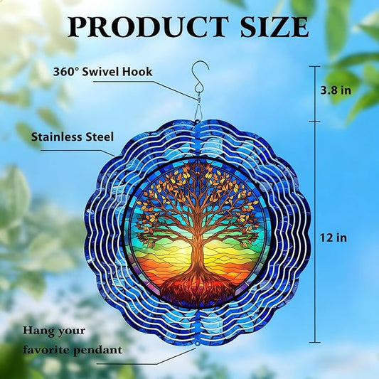 Tree of Life Wind Spinner, Unique 12Inch 3D Stainless Steel Wind Spinner, Birthday Gifts for Women Men,Hanging Decor for Outdoor Garden Patio Porch