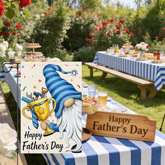 Heyfibro Happy Father's Day Gnome Garden Flag 12x18 Double Sided Burlap, with Tool Trophy Blue Striped Yard Banner for Best Dad Spring Outside Outdoor House Fathers Day Decoration (ONLY FLAG)