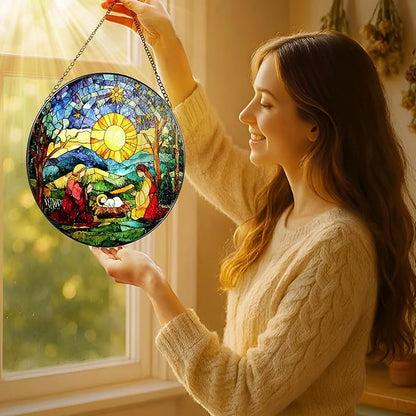 8'' Stained Glass Suncatcher Decor, Window Hanging, Nativity Scene Ornament, Religious Christmas Ornaments, Christian Holiday Decor, Gifts for Christmas, Christian Gift, Religious Gift
