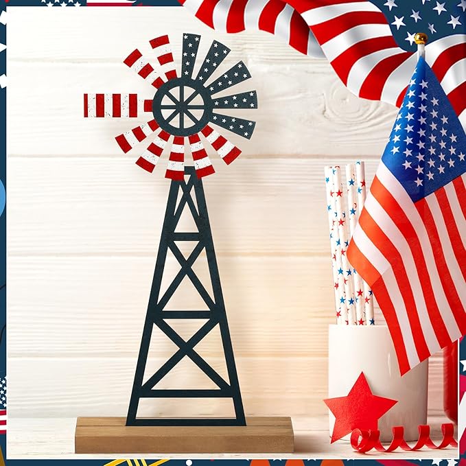 Tandefio 1 Pcs Patriotic Farmhouse Windmill Table Top 11.8 Inch Metal Rustic 4th of July Vintage Desk Shelf Decor Farmhouse American Red White Blue Windmill for 250th Anniversary Memorial Day Home