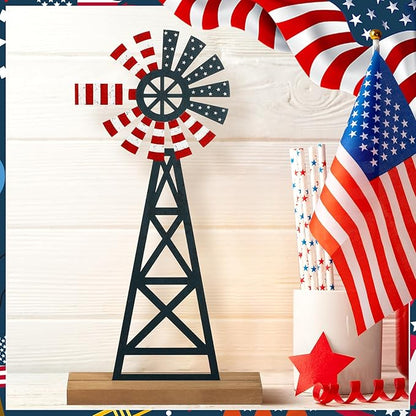 Tandefio 1 Pcs Patriotic Farmhouse Windmill Table Top 11.8 Inch Metal Rustic 4th of July Vintage Desk Shelf Decor Farmhouse American Red White Blue Windmill for 250th Anniversary Memorial Day Home