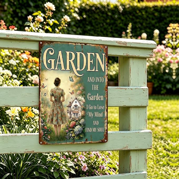 Vintage Metal Garden Sign, and Into The Garden I Go Wall Decor, Gardening Gifts for Women, Home Patio Yard Art, 8 x 12 Inches