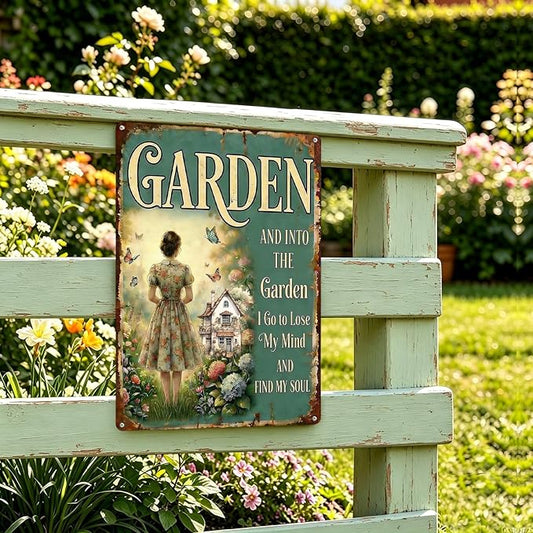 Vintage Metal Garden Sign, and Into The Garden I Go Wall Decor, Gardening Gifts for Women, Home Patio Yard Art, 8 x 12 Inches
