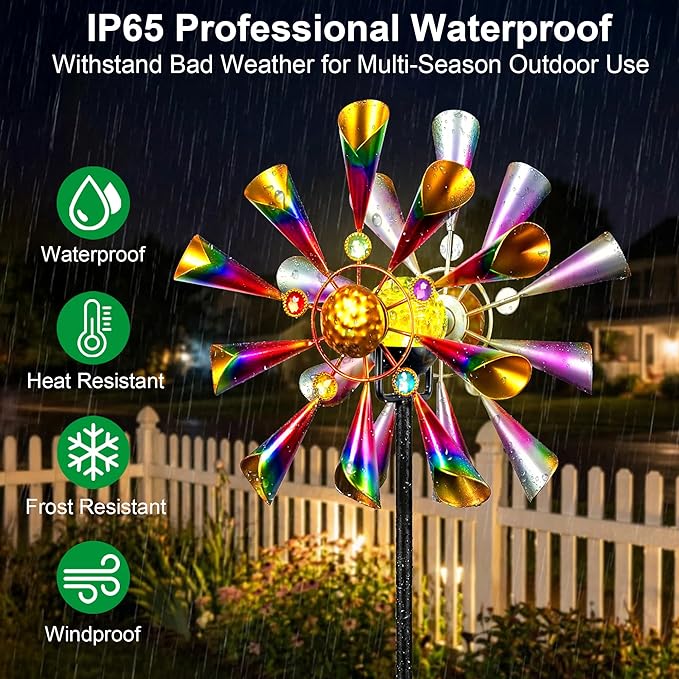 Solar Wind Spinner Outdoor - Metal Kinetic Garden Sculptures with Color Changing LED Crackle Glass Ball, Waterproof Wind Mill Stake for Yard, Patio, Lawn, and Pathway Decoration (Multi-Color)