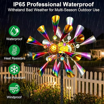 Solar Wind Spinner Outdoor - Metal Kinetic Garden Sculptures with Color Changing LED Crackle Glass Ball, Waterproof Wind Mill Stake for Yard, Patio, Lawn, and Pathway Decoration (Multi-Color)
