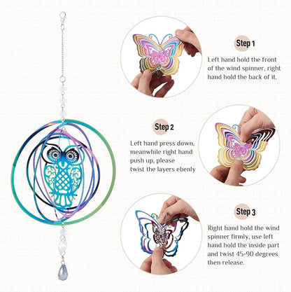 Stainless Steel Reflective Wind Spinners for Christmas Tree Decor 3D Owl Wind Chimes Gradient Etched Metal Embellishments for Outdoor Indoor Garden Hanging Decor 2Pcs
