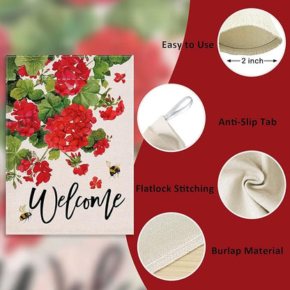 Welcome Summer Geranium Decorative House Flag, Spring Red Floral Flowers Bee Garden Yard Outside Decorations, Farmhouse Outdoor Large Home Decor Double Sided 28 x 40