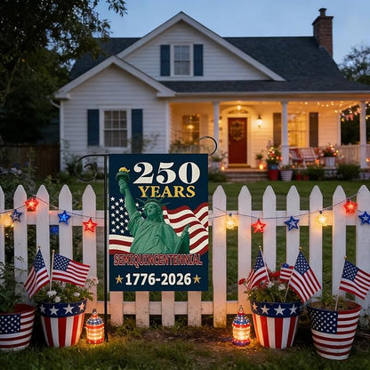 250th Anniversary USA Patriotic Garden Flag 12x18 Inch, Double Sided Weatherproof Yard Banner with Statue of Liberty & American Flag Design, 1776-2026 Commemorative Garden Flag for Outdoor Decor