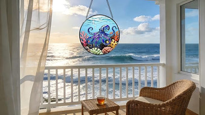 Stained Glass Window Hanging - The Blue Octopus is Foraging in The Coral 6.3 Inches Suncatcher for Garden Home Decor for Women Mon Grandma Friends