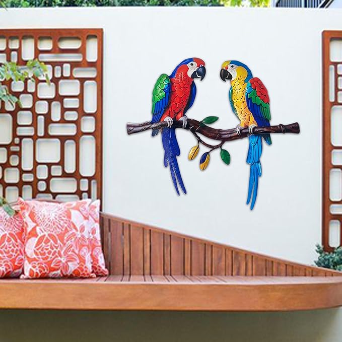 Limygus Tropical Metal Parrot Wall Art, Colorful Double Bird Garden Decor, Outdoor Hanging Decorations for Patio, Fence, Yard, Living Room, Balcony