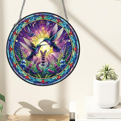 Hummingbird Stained Glass Suncatcher, 8" Round Bird Window Hanging with Metal Chain, Lavender Floral Decorative Glass Art for Home Garden, Memory Gift for Mom Grandma