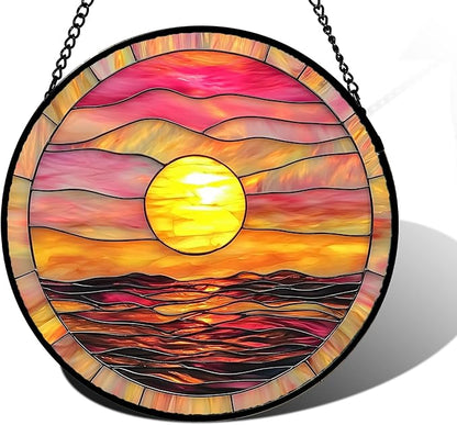 DASTOLL Stained Glass Window Hanging, Sunrise Sea Surface Sun Catchers Diamond Glass Panel Hangings Abstract Suncatcher Decor for Birthday for Women, Men, Wife, Aunt, and Mom 7.8 in
