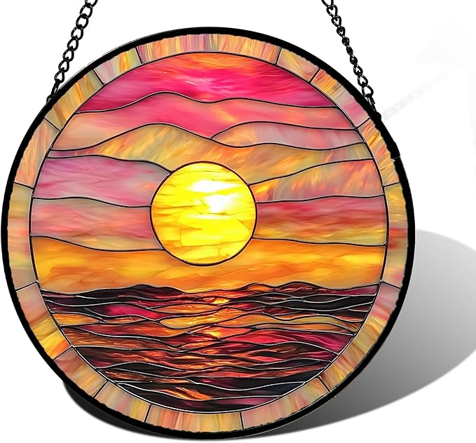 DASTOLL Stained Glass Window Hanging, Sunrise Sea Surface Sun Catchers Diamond Glass Panel Hangings Abstract Suncatcher Decor for Birthday for Women, Men, Wife, Aunt, and Mom 11.8 in