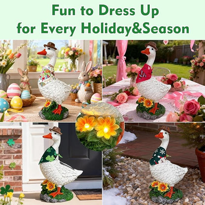 HONGLAND Solar Porch Goose Garden Statue with Glowing Flower, 10" Solar Duck Decorative Figurine for Outdoor Lawn Patio Yard Backyard Porch Ornaments - Unique Gift for Women