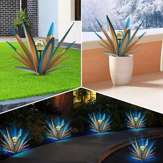 TOMBABY Solar Rustic Garden Style Metal Agave Plants Outdoor Patio, Home Decor Hand-Painted Metal Agave Garden Patio Statues, Suitable for Desert Areas, Outdoor Lawn Decorations (2 Solar Blue)