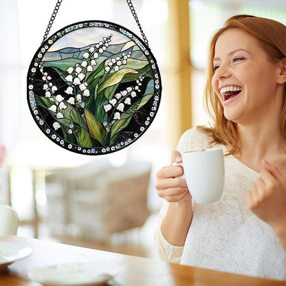 Stained Glass Window Hanging - Elegant White Lily of The Valley Flowers Suncatcher for Doors Garden Terrace Green Sun Catchers Decor Mother's Day Birthday Gifts for Women Men Mom 15 in