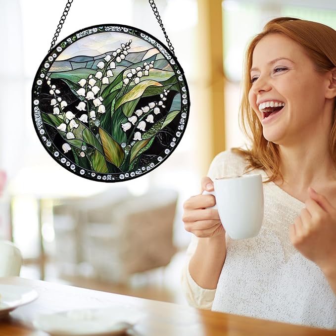 Stained Glass Window Hanging - Elegant White Lily of The Valley Flowers Suncatcher for Doors Garden Terrace Green Sun Catchers Decor Mother's Day Birthday Gifts for Women Men Mom 7.8 in