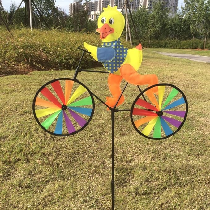 3D Animal on Bike DIY Windmill, Lawn Yard Garden Colorful Wind Spinner Decor (Duck)