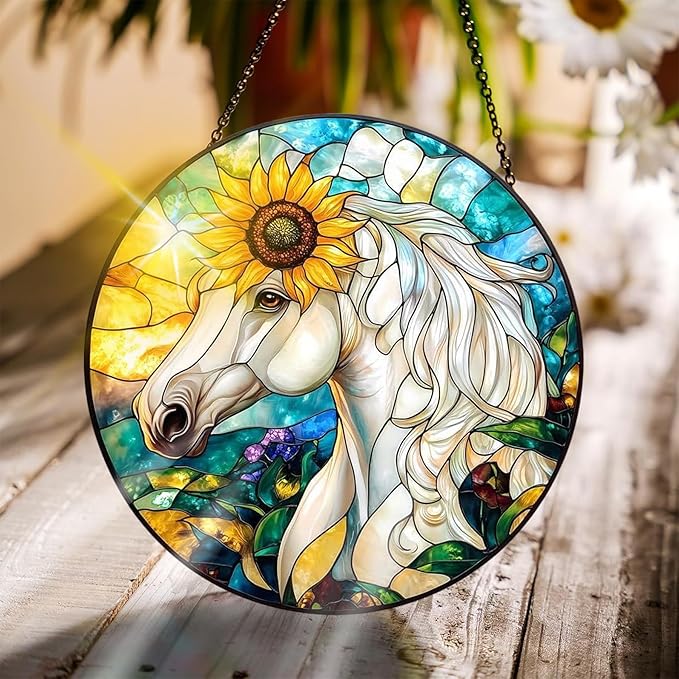 Bimkole Horse Stained Glass Suncatcher Window Hanging - Animals Indoor Window or Doorway Decoration - Handmade Sun Catcher Decor for Garden Home Christmas & Birthday Gifts 7.87x7.87 in