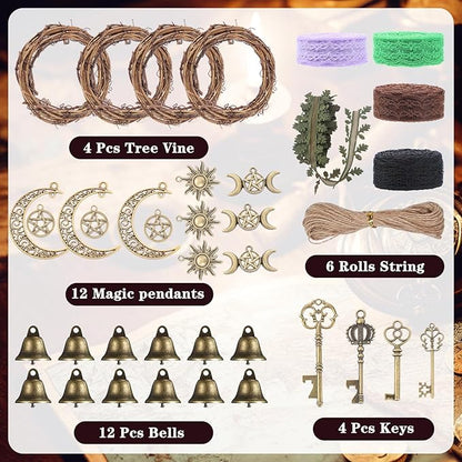 RENEMEGO 4 Set Bells for Door - DIY Witchcraft Supplies Kit Hanging Wind Chimes for Door Knob Wiccan Stuff Samhain Home Decor for House Bedroom Garden Wall Witch