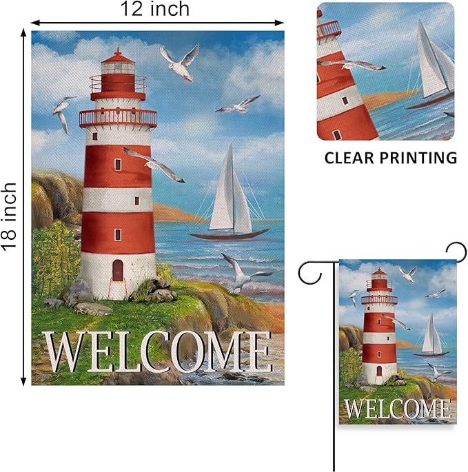 Spring Summer Lighthouse Garden Flag, Coastal Seagull Birds Yard Beach Nautical Sailboat Outside Decoration, Ocean Outdoor Small Burlap Decor Double Sided 12 x 18