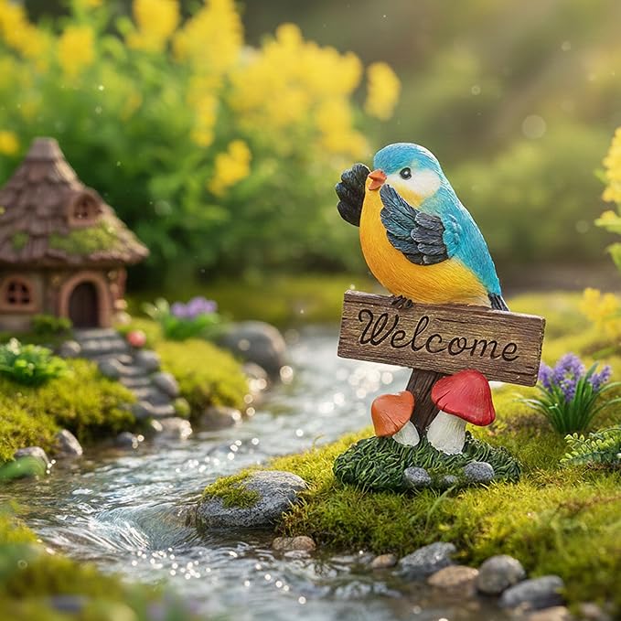 Bird Decor for Garden Statues,Bird Figurines Welcome Sign for Outdoor Decorations,Birds Decorative Outdoor Statue for Garden Patio Yard Lawn Home Shelf Decor,Gardening Gifts for Birds Lovers Women