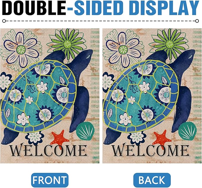 Dyrenson Turtle Beach 28 x 40 House Flag Welcome Summer Double Sided, Tropical Ocean Burlap Garden Yard Decoration Rustic Coastal, Nautical Sea Seasonal Outdoor Décor Decorative Large Flag