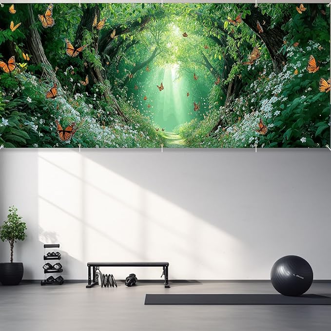 16x7 ft Enchanted Forest Banner for Two Car Garage - Fits Double Garage Door, Magical Sunlight Forest Path with Butterflies Large Backdrop, Garden Yard Sign & Meditation Space