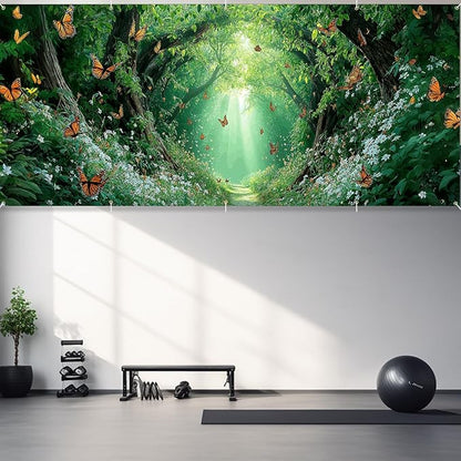 16x7 ft Enchanted Forest Banner for Two Car Garage - Fits Double Garage Door, Magical Sunlight Forest Path with Butterflies Large Backdrop, Garden Yard Sign & Meditation Space
