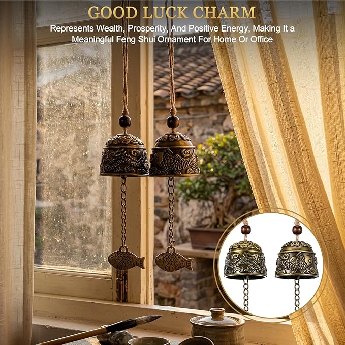 Chuangdi 2 Pcs Fengshui Bell Vintage Dragon Bell Fengshui Wind Chimes Good Luck Hanging Supplies for Home Garden Good Luck Blessing Patio Yard Indoor Outdoor Front Door Decorations (Dragon and Carp)