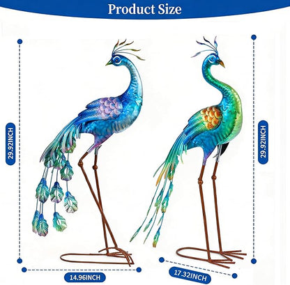 chisheen Metal Peacock Statue Garden Decor Yard Art Decoration Outdoor Sculpture,Set of 2,Housewarming Birthday for Women Mom