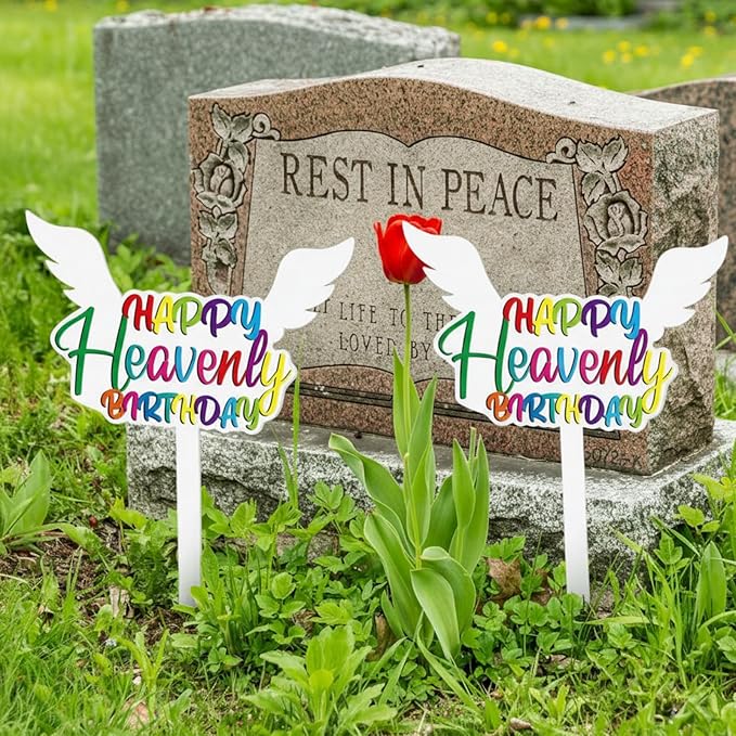 AceOrbit 2 Pcs 13.8 X 7.9 Inches Large Happy Birthday in Heaven Decorations Cemetery Decorations for Grave Metal Memorial Remembrance Stake, Grave Markers for Human Cemetery Yard Site Outdoor (White)