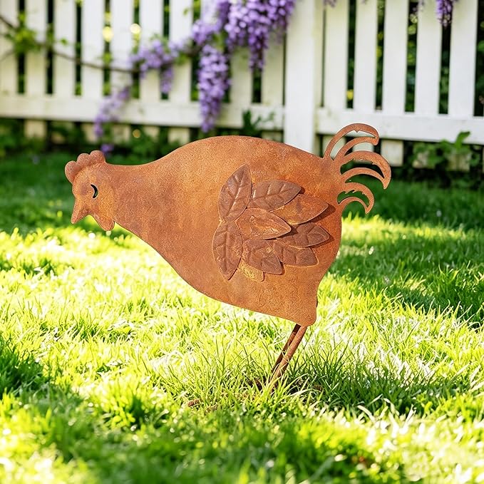 Metal Rooster Garden Decor for Outside, 12.6" Rusty Chicken Outdoor Decor for Patio Lawn Backyard, Decoration Yard Art Animal Ornaments Vintage Rustic Chicken Figurine Sculptures Statues