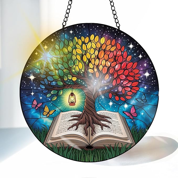 VAIIEYO Tree Sun Catcher Stained Glass Window Hanging Ornament, Handmade Sun Catcher Plant Decoration with Hooks for Window Garden Home, Mother's Day & Birthday Housewarming Gift (7.8 inch)