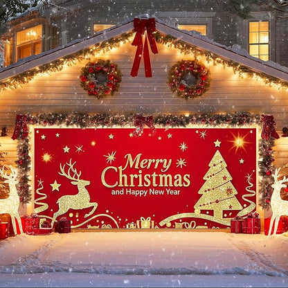 IVN Christmas Garage Door Cover Decoration 13x6ft Santa Glitter Gold Tree Reindeer on Red Holiday Christmas Garage Door Banner Home Garage Door Front Yard Decor for Xmas Eve Holiday Outdoor