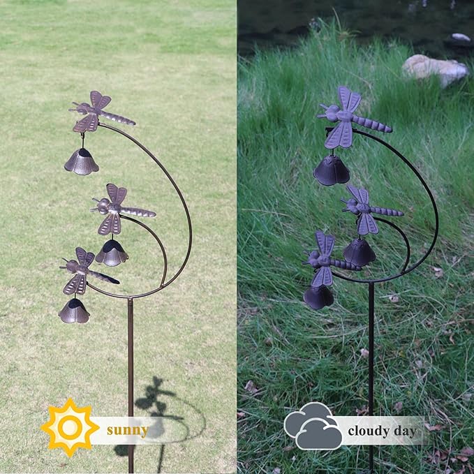 Gardens Metal Dragonfly with Bells for Outside Yard Art，Decorative Garden Stakes
