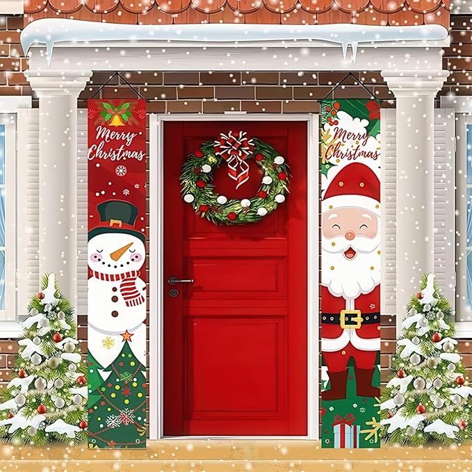 BlissYard Christmas Porch Banner Set 78×12 Inch Santa and Snowman Door Banner Xmas Hanging Sign Outdoor Christmas Decorations Xmas Front Door Welcome Banner Winter Yard Wall Decor for Home Garden Party Supplies