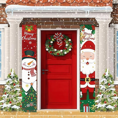 BlissYard Christmas Porch Banner Set 78×12 Inch Santa and Snowman Door Banner Xmas Hanging Sign Outdoor Christmas Decorations Xmas Front Door Welcome Banner Winter Yard Wall Decor for Home Garden Party Supplies