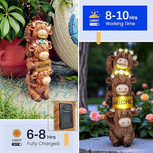 12 Inch Highland Cow Statue Solar Outdoor Decor for Yard Patio Front Door, Farmhouse Porch Decoration Animal Cattle with Led Welcome Sign Flowers Light, Home Ornaments for Outside, Mom's Gifts