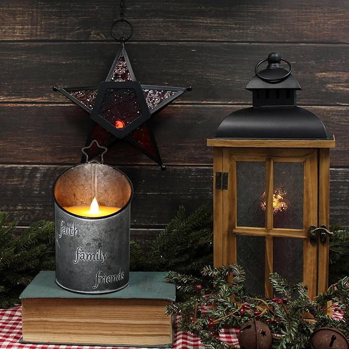 CVHOMEDECO. Vintage Galvanized Can Flameless LED Candle, Real Wax in Antique Galvanized Jar FFF Flickering Candle with Remote Control for Tabletop Wall Decor. H 8 Inch, Gray