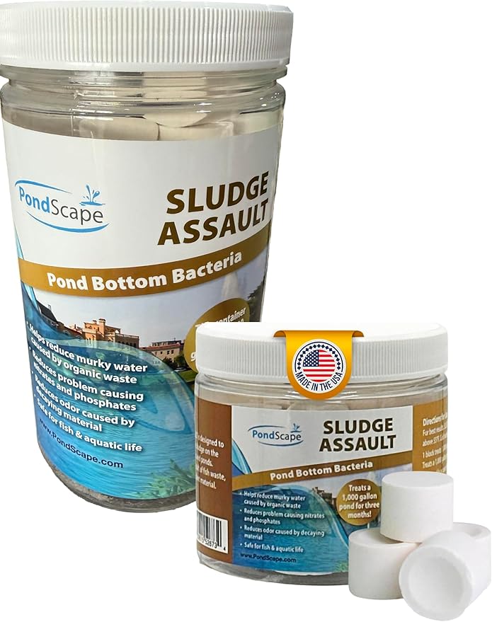 PondScape Sludge Assault Pond Cleaner – Pond Muck & Sludge Remover, Improves Water Clarity, Reduces Odors & Nitrates, Suitable for Koi, Fish & Aquatic Life – Treats 12,000 Gallons – 12 x 1oz Blocks