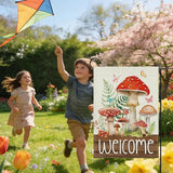 Welcome Spring Summer Mushroom Decorative Garden Flag, Fairy Tale Forest Fern Plant Butterfly Small Yard Outside Decorations, Farmhouse Botanical Burlap Outdoor Home Decor Double Sided 12 x 18