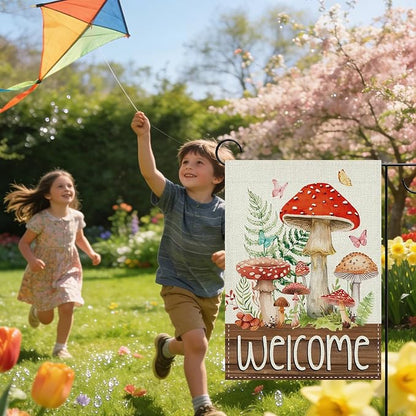 Welcome Spring Summer Mushroom Decorative Garden Flag, Fairy Tale Forest Fern Plant Butterfly Small Yard Outside Decorations, Farmhouse Botanical Burlap Outdoor Home Decor Double Sided 12 x 18